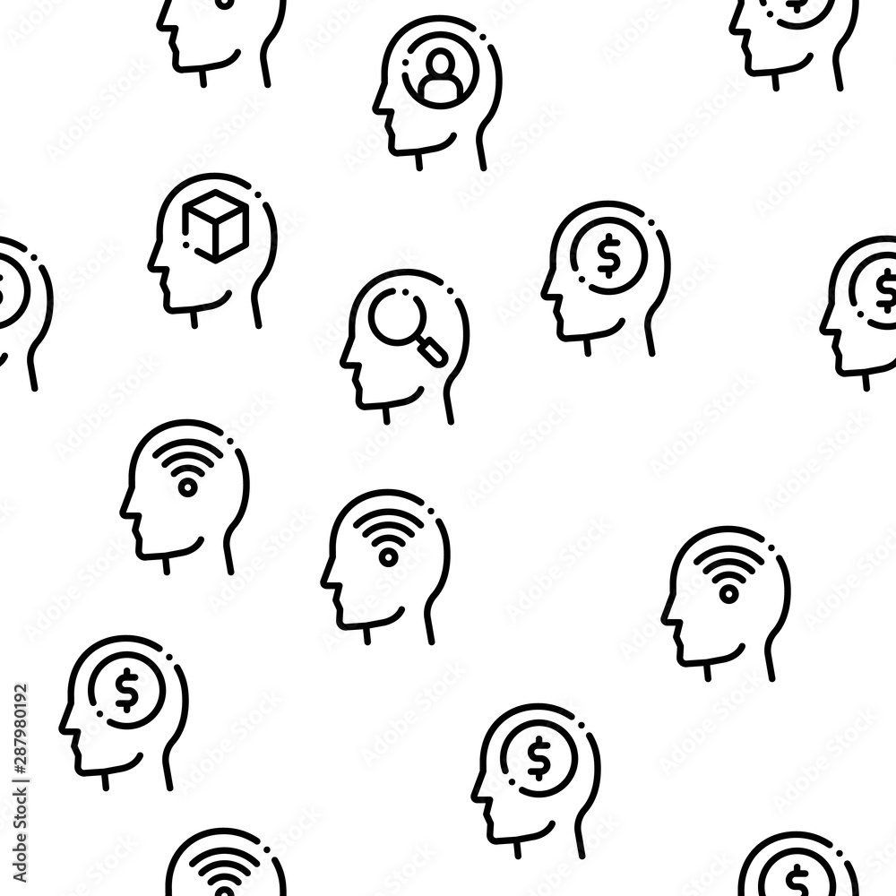 Sticker Mind Seamless Pattern Vector Linear Pictograms. Black Contour Illustrations