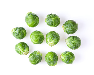 Group of Brussel Sprouts isolated on white background. top view