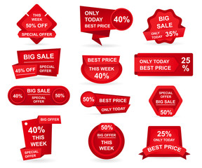 Set of retail red sale tags. Stickers best offer price and big sale pricing badges design. Limited sales offer label or store discount banner card isolated. Shopping coupon. Vector illustration.