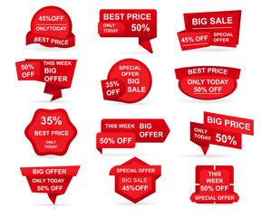 Set of retail red sale tags. Stickers best offer price and big sale pricing badges design. Limited sales offer label or store discount banner card isolated. Shopping coupon. Vector illustration.