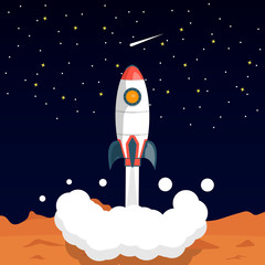 Space rocket takes off from the surface of the planet. The launch of a rocket into far space. Vector illustration in cartoon style.