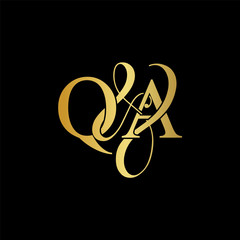 Initial letter Q & A QA luxury art vector mark logo, gold color on black background.