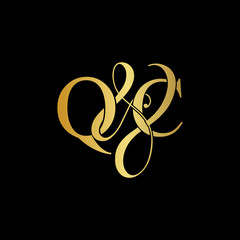 Initial letter Q & C QC luxury art vector mark logo, gold color on black background.