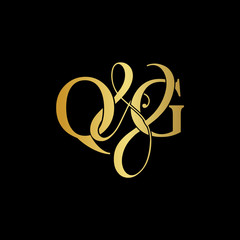 Initial letter Q & G QG luxury art vector mark logo, gold color on black background.