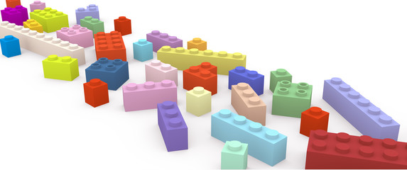 Colored details of a toy children's constructor randomly scattered on a white surface. 3d illustration.