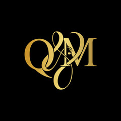 Initial letter Q & M QM luxury art vector mark logo, gold color on black background.