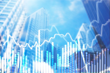 Stock market graph with volume indicator in modern business Skyscraper, concept for stock trading and financial markets