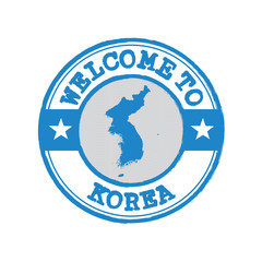 Vector stamp of welcome to Korea with map outline of Korean Peninsula in center.