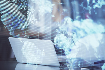 Multi exposure of business theme icons and table with computer background. Concept of success.