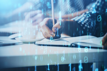 Writing man's hands background with technology icons.