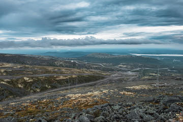 Beautiful view of the Khibiny Mountains in the fog in summer