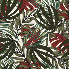Tropical seamless pattern with leaves and plants on white background. Fashion design, textile, printing. Vector floral seamless pattern. Exotic plants. Beautiful pattern. Hawaiian print.