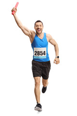 Man running a relay race with a baton in his hand