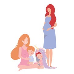 cute pregnancy mothers with little babies characters