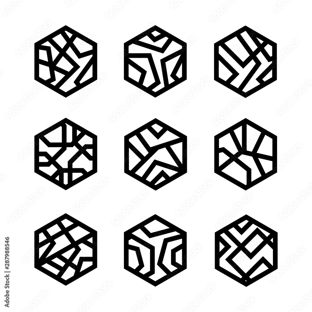 Poster set of linear hexagon logo icon signs. modern vector geometric shapes.