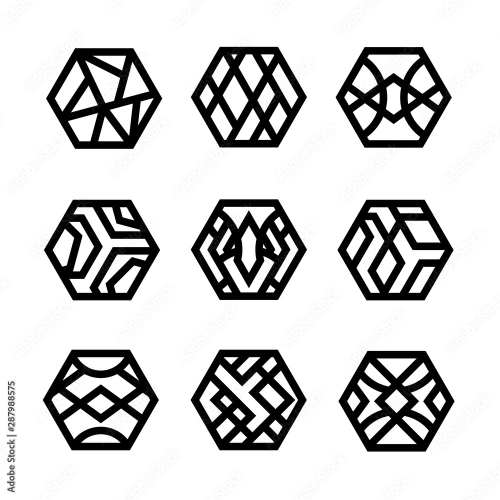 Poster set of linear hexagon logo icon signs. modern vector geometric shapes.