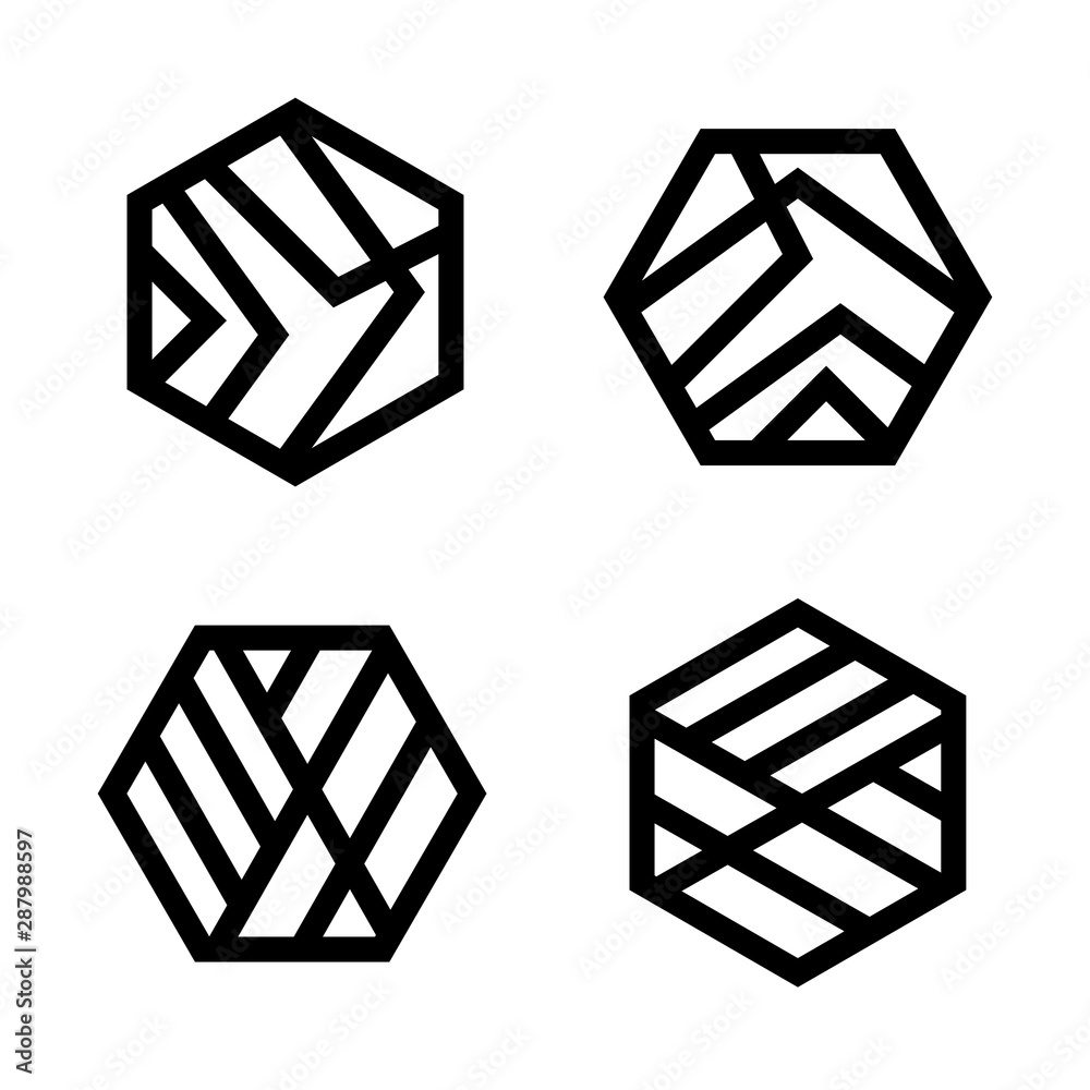 Poster set of linear hexagon logo icon signs. modern vector geometric shapes.
