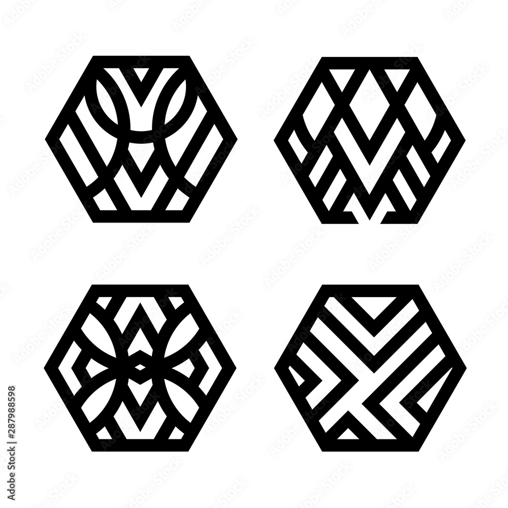 Poster set of linear hexagon logo icon signs. modern vector geometric shapes.