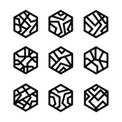 Set of linear hexagon logo icon signs. Modern vector geometric shapes.