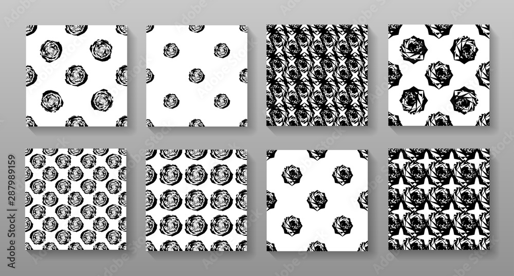 Poster set of abstract rose seamless pattern. black and white geometric backgrounds collection.