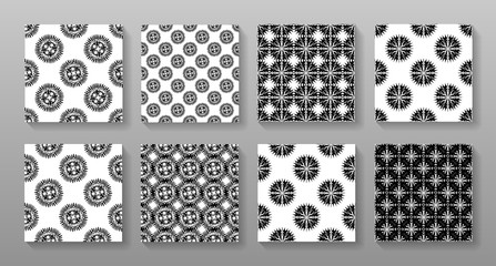 Set of black and white geometric seamless patterns vector design. Monochrome ornamental backgrounds.