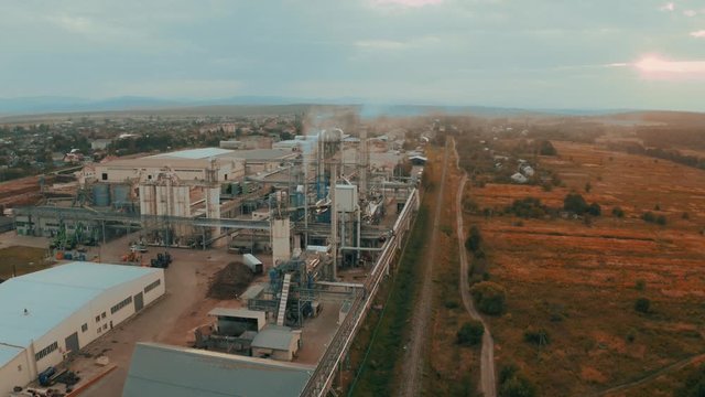 Wood waste boards manufacturing plant in western Ukraine in a rural area 2020