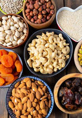 assortment of nuts, seeds and dried fruits on wooden surface