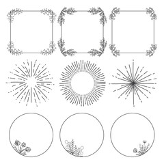 Hand Drawn Collection of Round, Square Floral Frame and Sunburst. Herbs and Flowers Frame with place for text