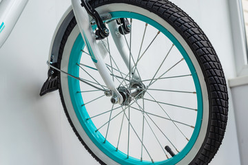 Bicycle wheel with metal spokes and turquoise rim