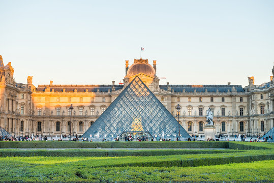 PARIS, France - SEPTEMBER 25, 2018 : Panorama of Louvre museum with landmark entrance - pyramid in Paris, France