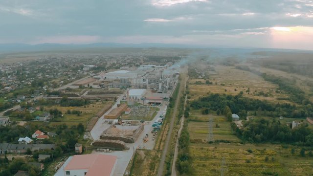 Wood waste boards manufacturing plant in western Ukraine in a rural area 2020