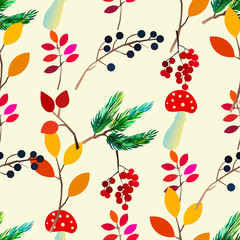 Autumn vector seamless pattern with berries, acorns, pine cone, mushrooms, branches and leaves.