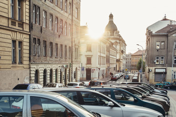 Residential houses on city streets. Real estate property concept.