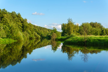 Fototapeta na wymiar summer landscape of a calm oxbow lake with wooded shores