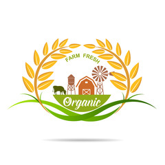 Farm fresh of vector emblems and stickers . Farming and agriculture, organic food, locally grown design elements for product packaging
