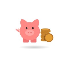 Pink piggy bank and coins isolated on white