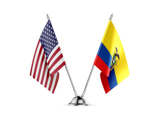 Desk flags, United States  America  and Ecuador, isolated on white background. 3d image