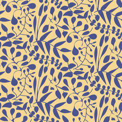 A seamless vector pattern with blue silhouettes of leaves. Surface print design.