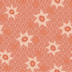 A seamless vector pattern with floral shapes on ornamental textured background. Surface print design.
