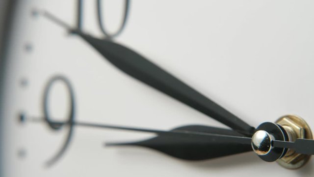 White clock face with three sharp black hands showing ten minutes to nine
