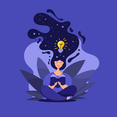 Creative illustration of cute girl in lotus position reads a book. Idea Generation Concept