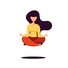 Woman meditating in lotus pose and levitates over the floor.
