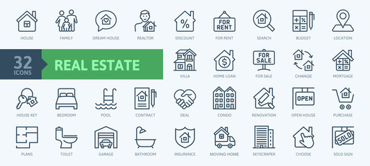 Real Estate minimal thin line web icon set. Included the icons as realty, property, mortgage, home loan and more. Outline icons collection. Simple vector illustration.