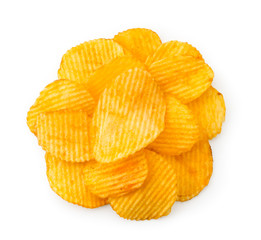 Pile of corrugated chips on a white background. The view of the top.
