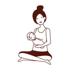 cute pregnancy mother seated lifting little baby characters