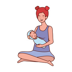 cute pregnancy mother seated lifting little baby characters