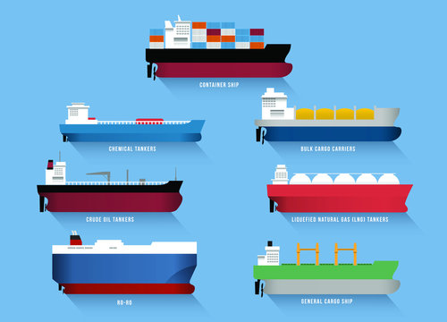 Set of transportation cargo ships, including container ship,  chemical tankers,  bulk cargo carriers, crude oil tankers, liquefied natural gas (LNG) tankers, ro-ro ship and general cargo ship.