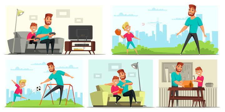 Family recreation flat vector illustrations set