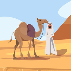 Happy bedouin with camel flat vector illustration