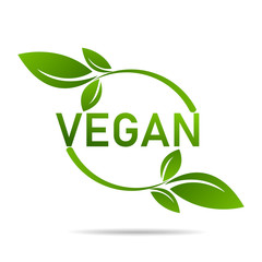 Vegan product icon design symbol. Green leaves in heart shape sign. Vector illustration